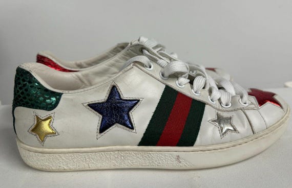 Gucci Ace Star Sneakers White & Metallic Red Green Leather Size