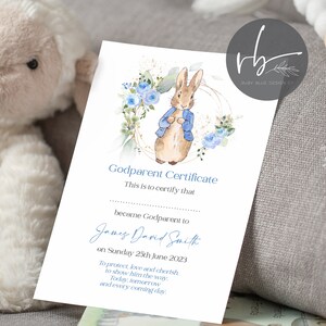 Personalised Peter Rabbit Godparent Certificate card, Godmother, Godfather, Godparent, Guide parent - 1 card