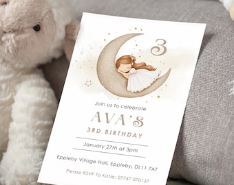 Editable Neutral Princess Fairy Moon Birthday Invitation, ANY AGE Neutral Invite Boho Birthday Minimalist Invite Printable Canva Template