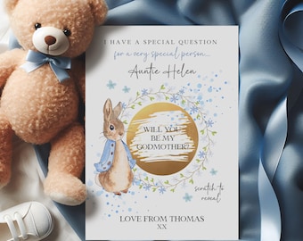 Personalised Peter Rabbit Godparent Scratch Card, Blue Floral Surprise Gift Reveal, Will You Be my Godmother Godfather Godparents