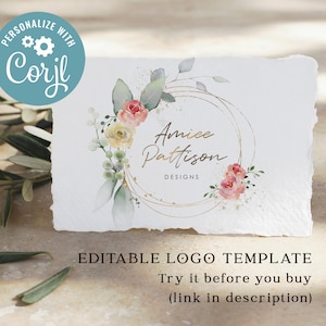 Pre Made Editable Logo Template, Beauty, Hairdresser, Gold Floral Wreath Template, Editable Text, 100% Editable, Instant Download, CORJL