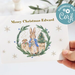 Peter Rabbit Weihnachtskarte, bearbeitbare Vorlage, flache & gefaltete Notizkarte, bearbeitbarer Text, Sofortiger Download, CORJL
