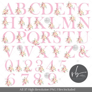 Pastel Pink Floral Watercolour Alphabet & Numbers PNG Clipart Wedding ...