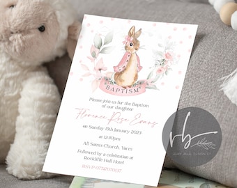 Digital Pink Personalised Christening Invitations, Baptism Invitations | Naming Day Invitations |  Pink Rabbit Flopsy, digital download