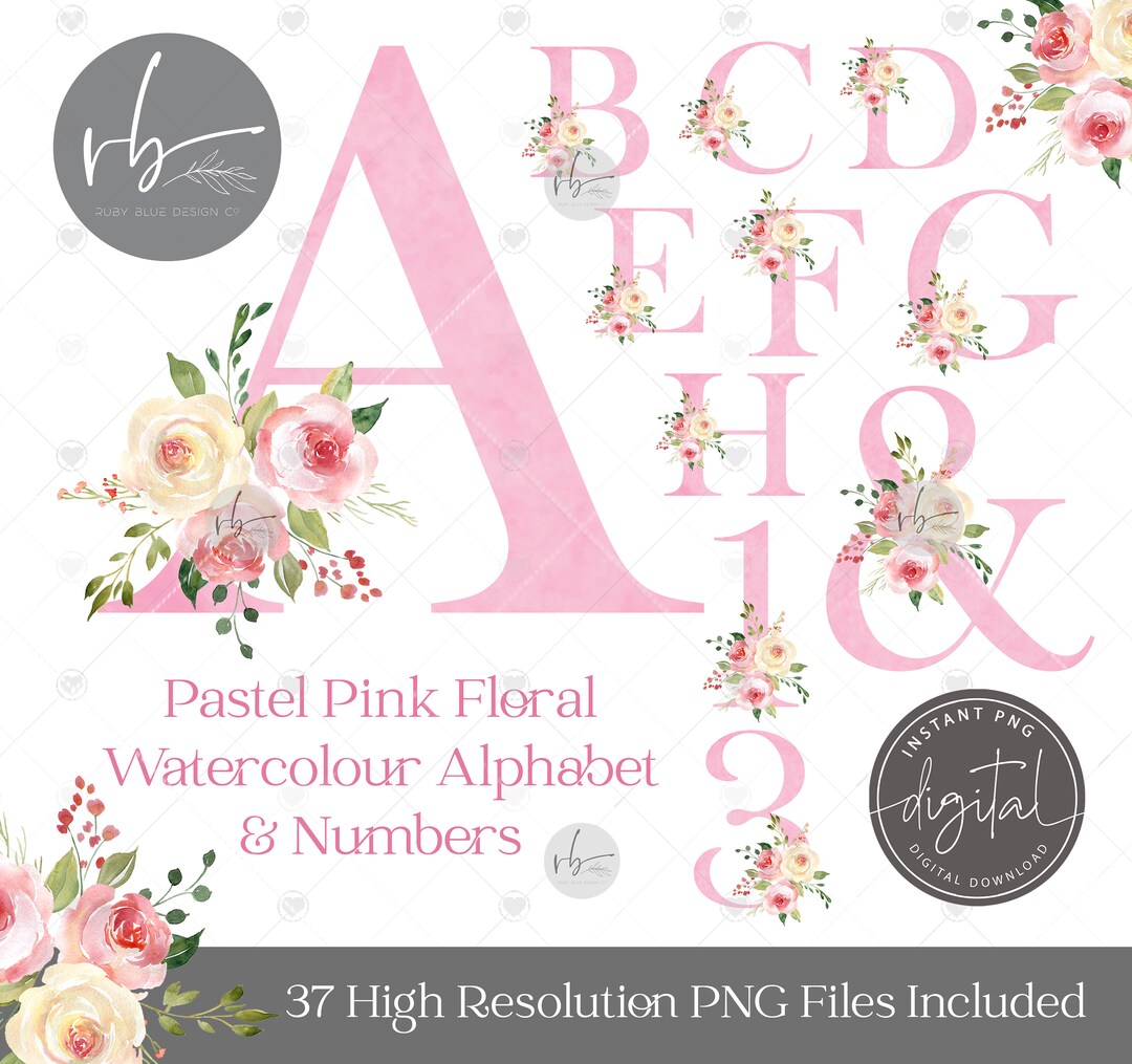 Pastel Pink Floral Watercolour Alphabet & Numbers PNG Clipart Wedding ...