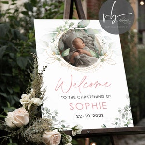 Digital Photo Personalised Welcome Sign Christening Welcome Sign, Baptism Kids Sign, Baby, Baby Pink