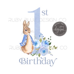 Peter Rabbit 1 ° compleanno PNG, Peter Rabbit Blu Acquerello floreale Design, Design della carta, Download digitale istantaneo, Stampabile