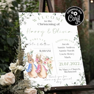 EDITIERBARE Peter & Flopsy Rabbit Digital Welcome Sign, Zwillinge Taufe, druckbar, bearbeitbar, Instant Download Invite Template, CORJL