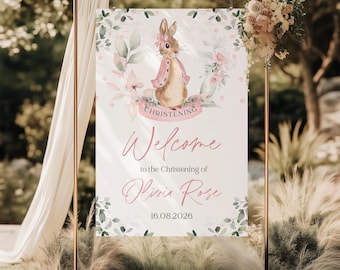 Digital Baby Pink Rabbit Personalised Welcome Sign Christening Welcome Sign, Baptism Kids Sign, Baby, Baby Pink