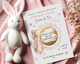 Personalised Godparent Scratch Card, Pink Bunny Rabbit Floral Surprise Gift Reveal, Will You Be my Godmother Godfather Godparents
