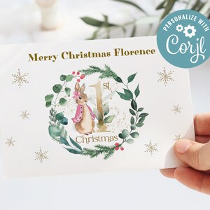 Flopsy Bunny Peter Rabbit 1a tarjeta de Navidad, plantilla editable, tarjeta de notas plana y plegada, texto editable, descarga instantánea, CORJL