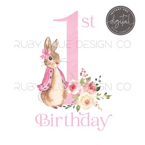Flopsy rosa Peter Kaninchen 1. Geburtstag PNG, Peter Rabbit Floral Aquarell Design, Karte Design, instant Digital Download, druckbare