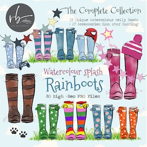 Wellies Clipart Watercolour Rainboots - Welly Boot Splash clip art - Rainy Day Clipart - Instant Download - Wedding Wellies - Commercial Use