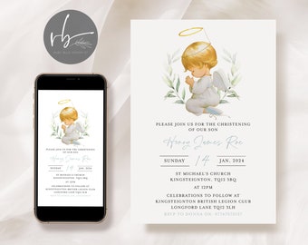 May include: A digital invitation for a christening with a watercolor illustration of a praying angel with a halo. The invitation includes the name "Henry James Roe", the date "Sunday, January 14, 2024", and the location "St. Michael's Church, Kingsteignton, TQ12 3BQ".
