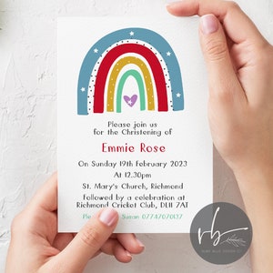 Personalised Rainbow Bright Christening Invitations, Invitations baptism Christening Party Naming Day