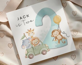 2nd Birthday Card Boy, Second Birthday Card For Girl or Boy, Safari Animals Personalised 2nd Birthday Card, Blue 2nd Birthday Card