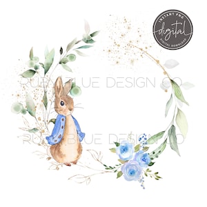 Peter Hase Floral Gold Kranz Blau Floral PNG, Peter Hase, Digitaler Download, druckbar, Blau Floral
