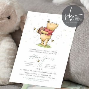 Digital Personalised Winnie the Pooh Christening Invitations, Electronic version Pooh Bear Neutral Invites