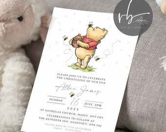 Digital Personalised Bear Christening Invitations, Electronic version Bear Neutral Invites