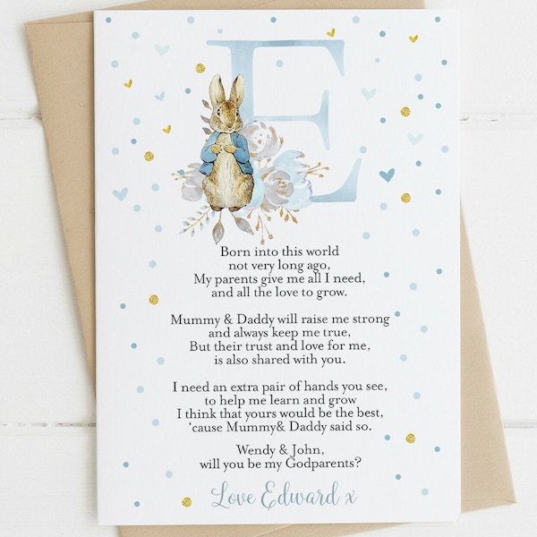 DIGITAL Personalised Peter Rabbit Initial Will you be my Godparents card, Godmother, Godfather, Godparent, Guide parent - 1 card