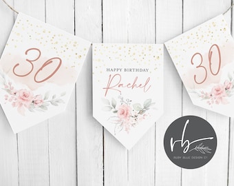 DIGITAL Personalised Birthday party decoration banner bunting garland 18th, 21st, 30th, 40th, 50th, 60th Floral Pink