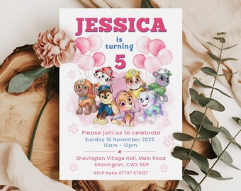 Personalised Pink Paw Party, Heroic Pups Invitation | Kids Invitations | Puppy Party Invites, Bespoke Children's Invites, envelopes included
