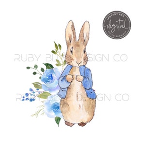 Peter Rabbit blau Floral PNG, Peter Rabbit, digitaler Download, druckbare, blaue Blumen