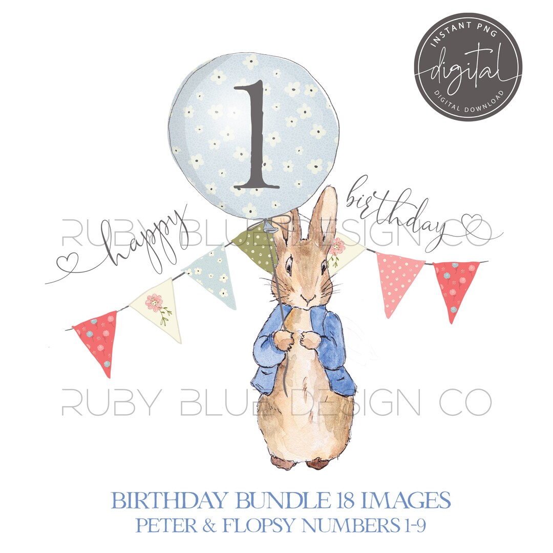 Peter & Flopsy Rabbit Birthday Balloon PNG Bundle Numbers 1-9 Peter ...