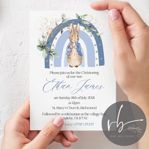 Digital Personalised Peter Rabbit Rainbow Christening Invitations, Peter Rabbit Invites Flopsy Rabbit
