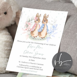 Cartes postales personnalisées NUMÉRIQUES pour bébés jumeaux et faire-part de baptême floral Pierre de lapin, baptême Pierre de lapin, cérémonie de baptême