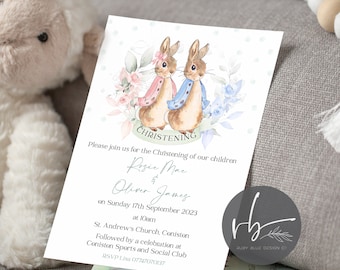 Invitaciones de bautizo personalizadas digitales con diseño floral de conejo rosa o azul para bebés gemelos, bautizo de conejito y ceremonia de nombramiento.