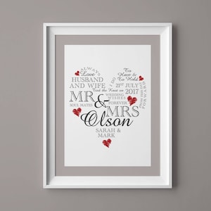 May include: A heart-shaped wedding print with the words "Always Love Husband and Wife" and "Mr. & Mrs. Olson" in a grey font. The date "21st July 2017" is included in the design, along with the words "Tied the Knot on" and "Wedding Wishes Forever".