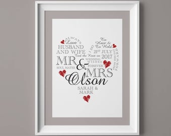Wedding Day Print Personalised Word Art Gift Marriage Present Heart Framed with mount