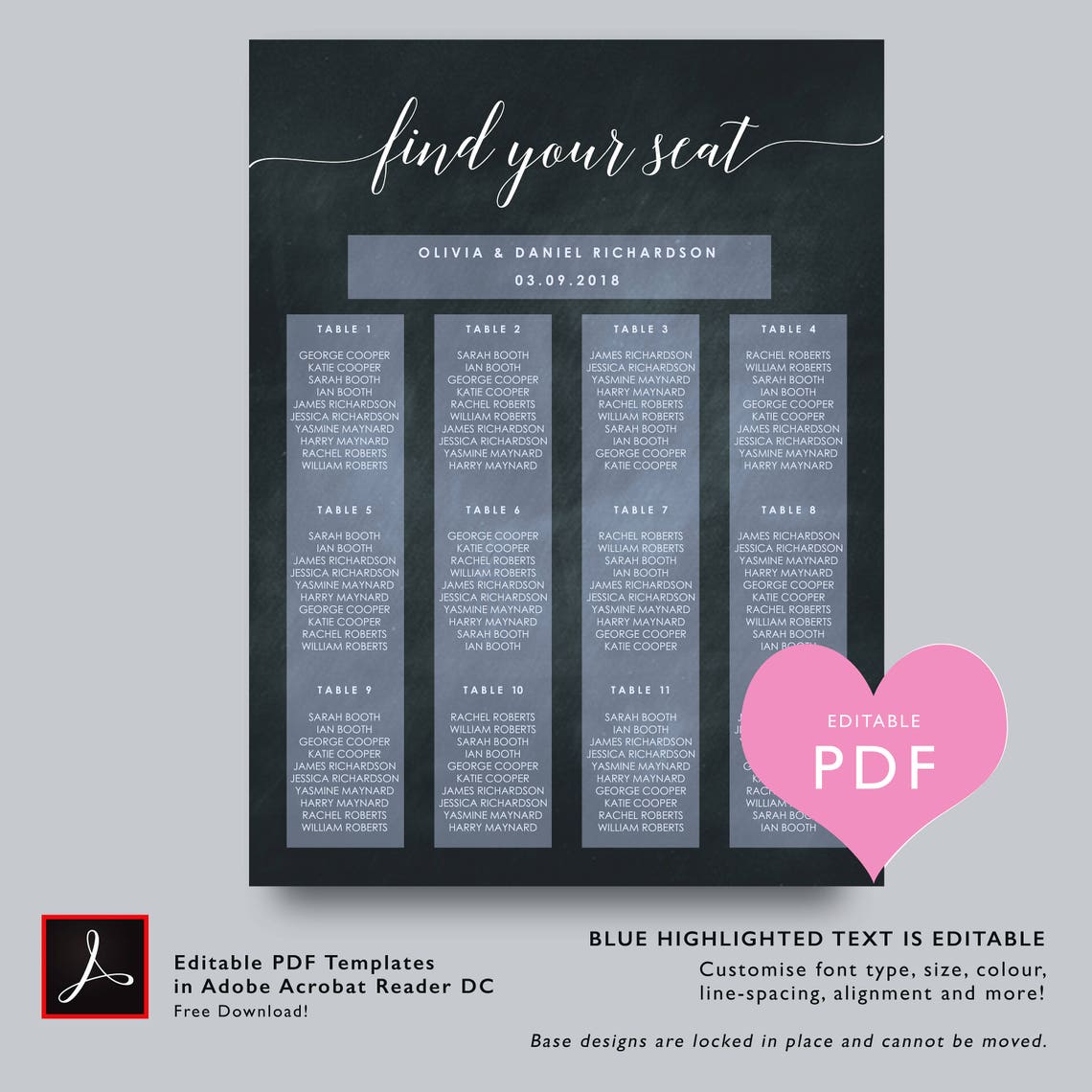 CHALKBOARD Wedding Seating Chart Template Seating Chart Etsy