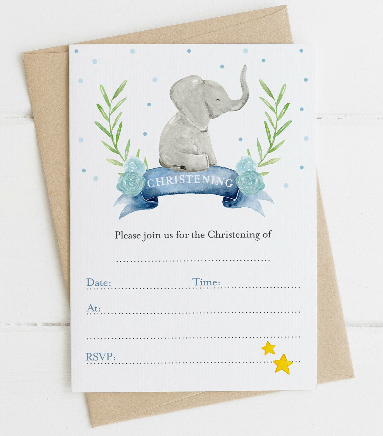 Baby Elephant Blank Christening Invitations Etsy