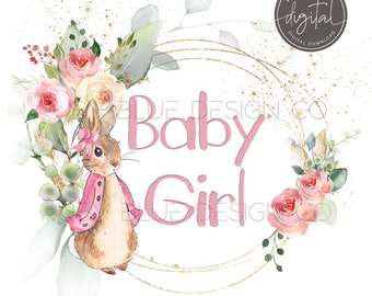 Pink Rabbit Baby Girl Floral PNG, Bunny Rabbit, Digital Download, Printable, Pink Floral