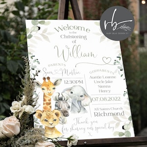 Digital Personalised Welcome Sign Christening Welcome Sign, Baptism Kids Sign, Baby Safari Animals Print, Baby, Neutral, Pink, Blue