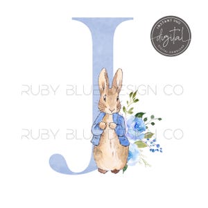 Buchstabe J Peter Rabbit Blaues Blumen Aquarell Alphabet PNG, Peter Rabbit 1 Buchstabe, digitaler Download, druckbare, blaue Blumen