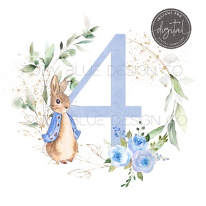 Peter Rabbit 4 ° compleanno PNG, Peter Rabbit Blu Corona floreale Acquerello Design, Design scheda, Download digitale istantaneo, Stampabile