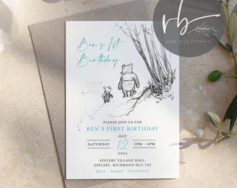 Digital Vintage Classic Personalised Winnie the Pooh Christening Invitations, Electronic version Pooh Bear Neutral Invites