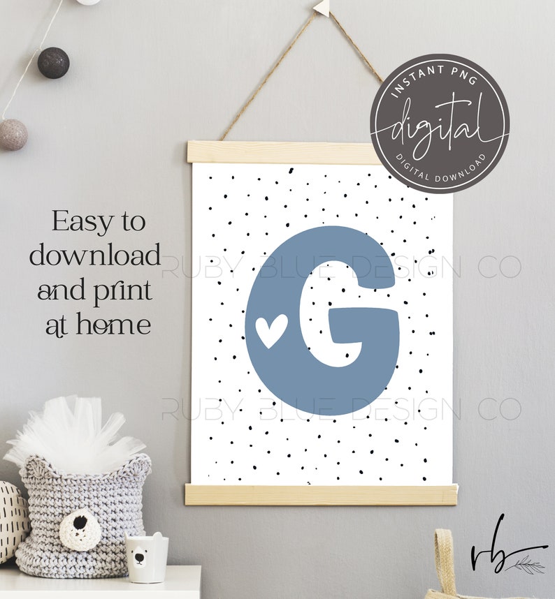 Digital Download Nursery Letter G Design Printable Card Boy Bedroom Nursery Decor Print Tag Blue Initial with Spot Background PNG
