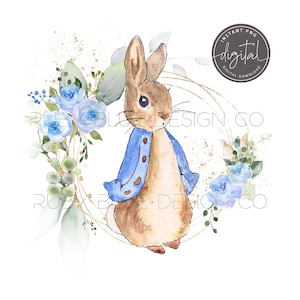 Peter Rabbit Blue Floral PNG, Peter Rabbit Kranz Design, Karte, Tag, Poster, Clipart, Digitaler Download, druckbar, Blumenkranz