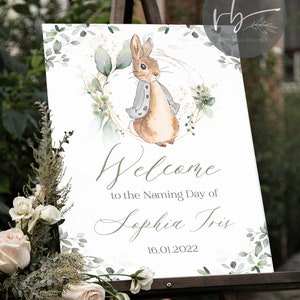 DIGITAL Personalised Welcome Sign Christening Welcome Sign, Baptism Kids Sign, Peter Rabbit Flopsy Rabbit Print, Baby, Neutral, Pink, Blue