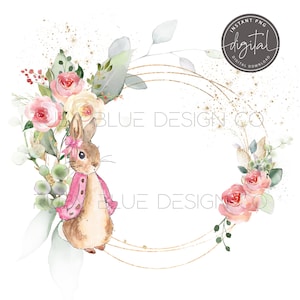Flopsy Roze Peter Konijn Krans Gouden Bloemen PNG, Peter Konijn, Digitale Download, Afdrukbare, Roze Bloemen