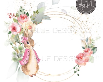 Pink Rabbit Wreath Gold Floral PNG, Bunny Rabbit, Digital Download, Printable, Pink Floral