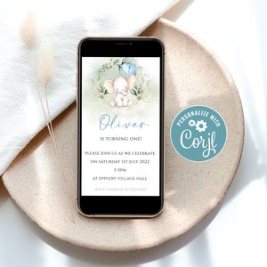 EDITABLE Baby Elephant Digital Invite, Party, Baptême, Baptême, Imprimable, Modifiable, Téléchargement instantané Inviter Modèle, CORJL