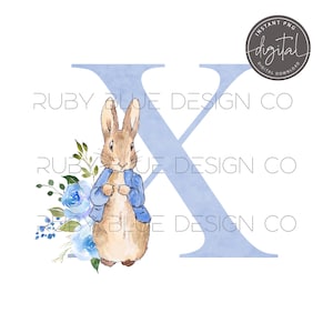 Buchstabe X Peter Rabbit Blaues Blumen Aquarell Alphabet PNG, Peter Rabbit 1 Buchstabe, digitaler Download, druckbare, blaue Blumen