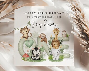 1st Birthday Card for Niece, First Birthday Card For Girl, Safari Animals Woodland Baby Animals, Personalised Cute Card
