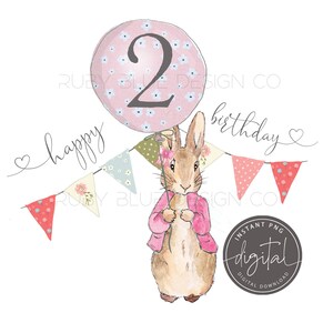 Flopsy Kaninchen 2. Geburtstag PNG, Peter Rabbit Ballon Bunting Design, Karte, Tag, digitaler Download, druckbare, Geburtstagskarte, Tag, Party-Tasche