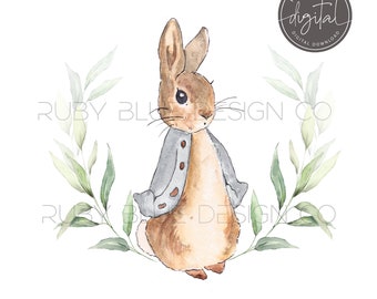 Neutral Bunny Rabbit Leaves PNG, Bunny Rabbit, Digital Download, Printable, Gender Neutral Bunny Rabbit Clipart